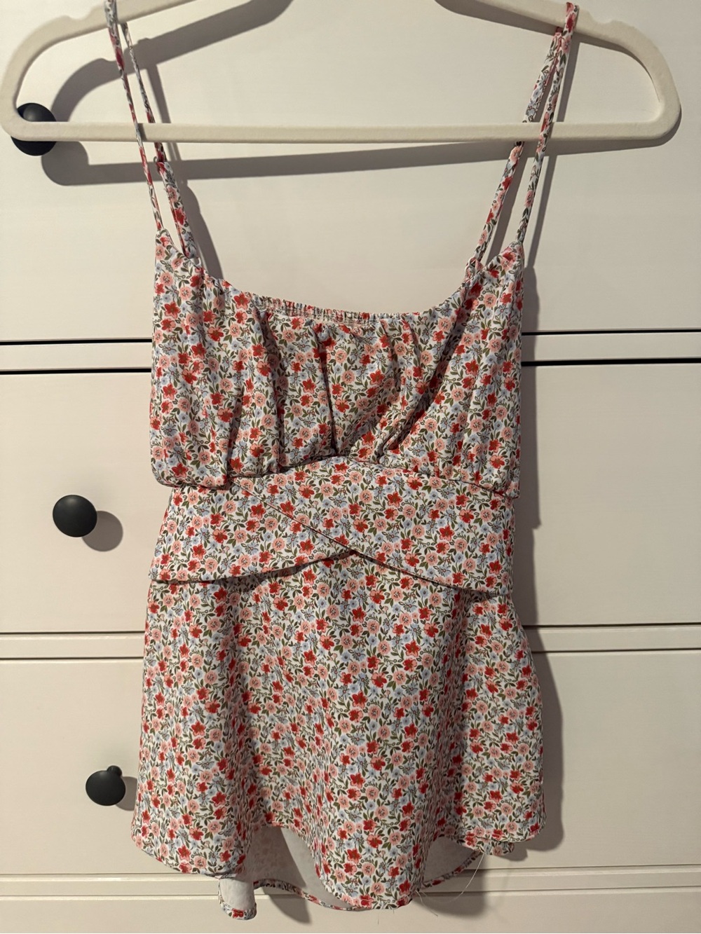 Altar’d State Floral Spaghetti Strap Tank Top in Cream with Coral & Green